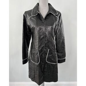 Vintage Y2k Outer Edge Black Crinkle Faux Leather Trench Coat Raincoat size M